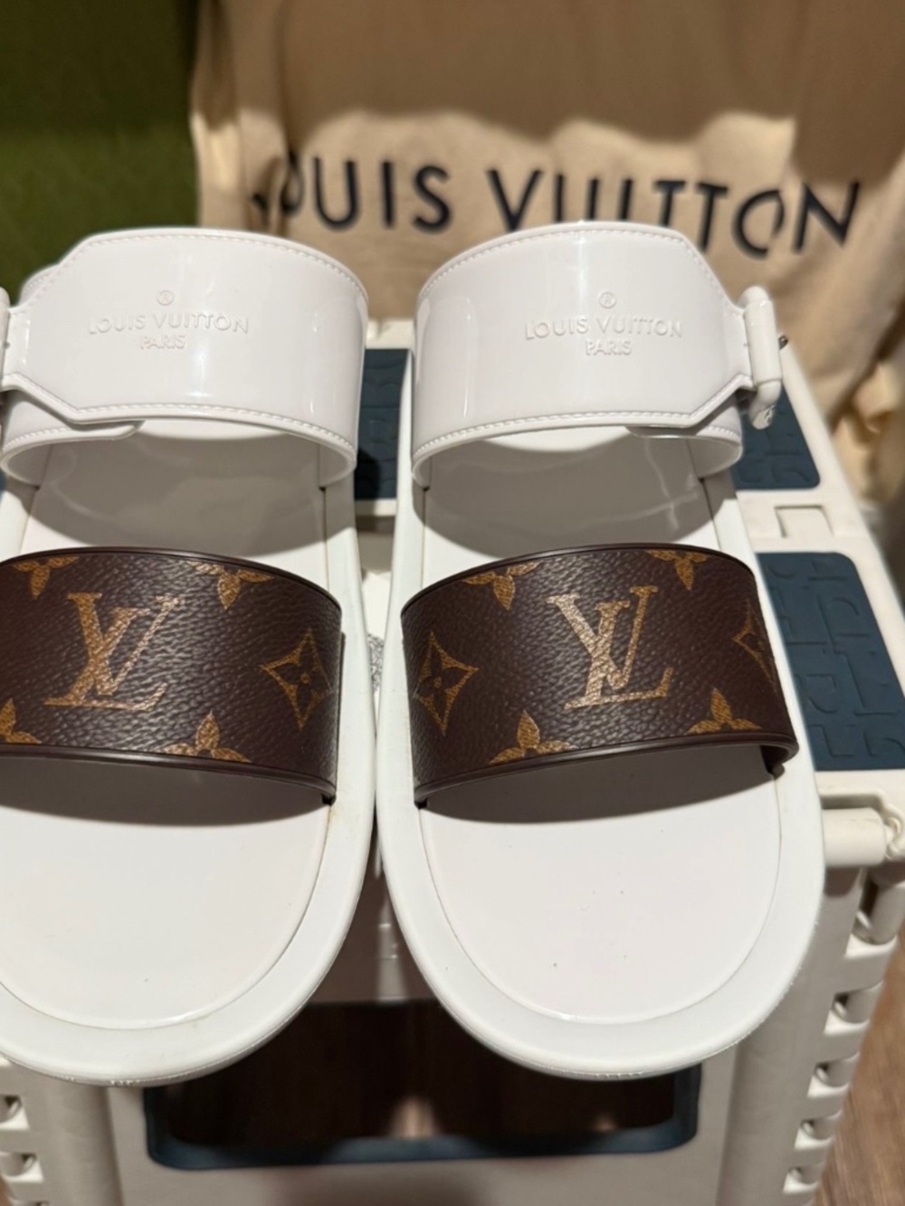 Louis Vuitton White Slides with Brown Monogram Band